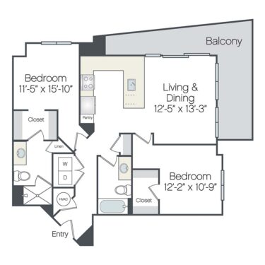 Rendering of the Satellite floor plan with 2 bedroom[s] and 2 bathroom[s] at Griffis West Palm