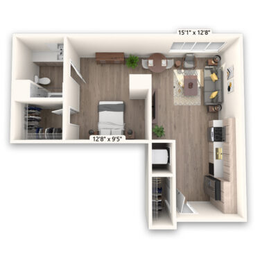 Rendering of the Cameron Platinum floor plan with a Studio bedroom and 1 bathroom[s] at Griffis LoDo