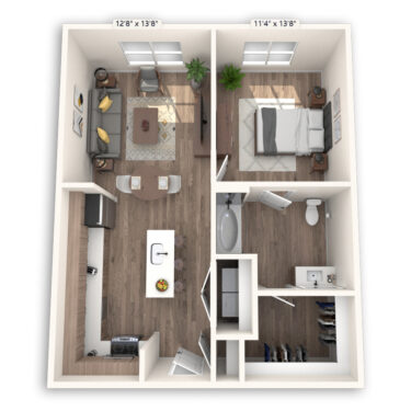 Rendering of the Madrid floor plan with 1 bedroom[s] and 1 bathroom[s] at Griffis at The Domain