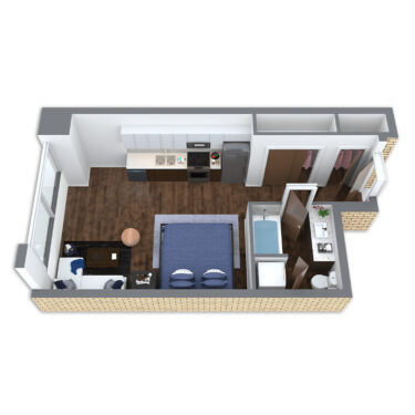 Rendering of the Sandy floor plan with a Studio bedroom and 1 bathroom[s] at Griffis South Waterfront
