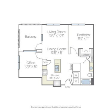 Rendering of the Knight floor plan with 1 bedroom[s] and 1 bathroom[s] at Griffis Oak Lawn