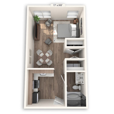 Rendering of the New York Platinum floor plan with a Studio bedroom and 1 bathroom[s] at Griffis at The Domain