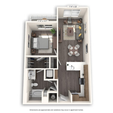 Rendering of the Detroit Platinum floor plan with 1 bedroom[s] and 1 bathroom[s] at Griffis Cherry Creek North