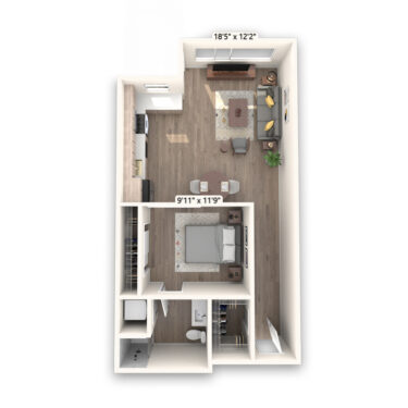 Rendering of the Columbia floor plan with 1 bedroom[s] and 1 bathroom[s] at Griffis LoDo