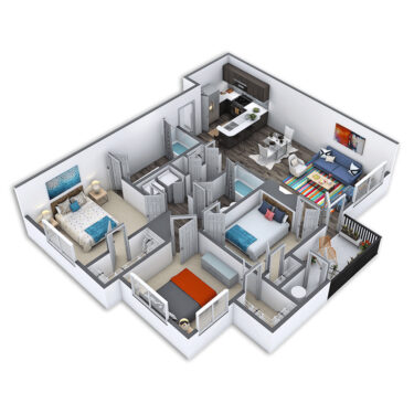 Rendering of the Waters floor plan with 3 bedroom[s] and 2 bathroom[s] at Griffis SoCo Austin