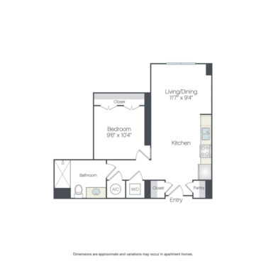 Rendering of the Avondale floor plan with 1 bedroom[s] and 1 bathroom[s] at Griffis Edgemoor