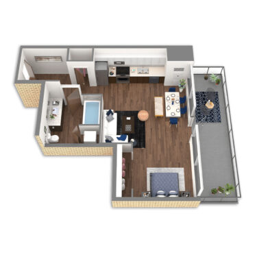 Rendering of the McKenzie floor plan with a Studio bedroom and 1 bathroom[s] at Griffis South Waterfront
