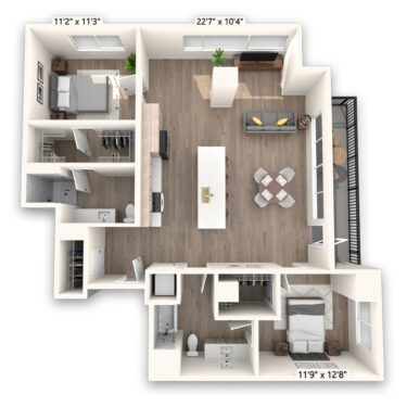 Rendering of the Sunlight Platinum floor plan with 2 bedroom[s] and 2 bathroom[s] at Griffis LoDo
