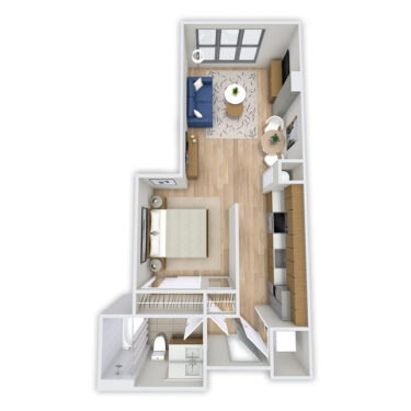Rendering of the Flora floor plan with a Studio bedroom and 1 bathroom[s] at Griffis Platform Union Station