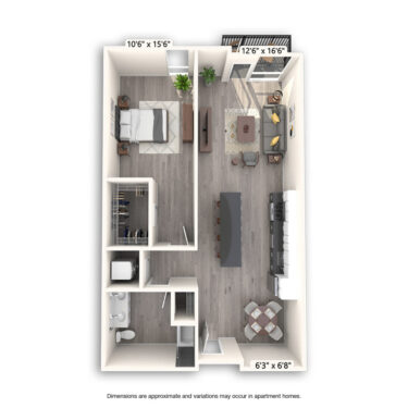 Rendering of the Midway floor plan with 1 bedroom[s] and 1 bathroom[s] at Griffis East Village