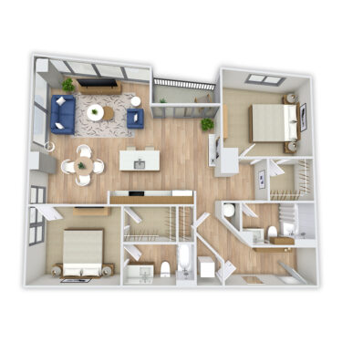 Rendering of the Neva floor plan with 2 bedroom[s] and 2 bathroom[s] at Griffis Platform Union Station