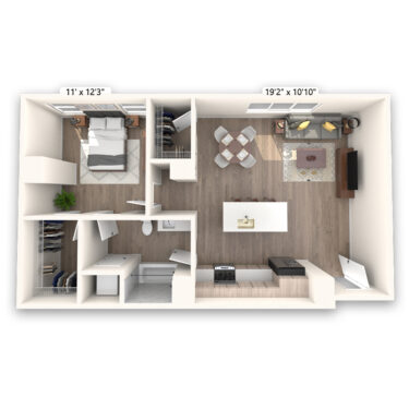 Rendering of the Elbert Platinum floor plan with 1 bedroom[s] and 1 bathroom[s] at Griffis LoDo