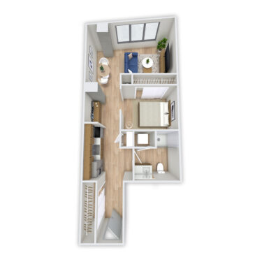 Rendering of the Hallett floor plan with a Studio bedroom and 1 bathroom[s] at Griffis Platform Union Station