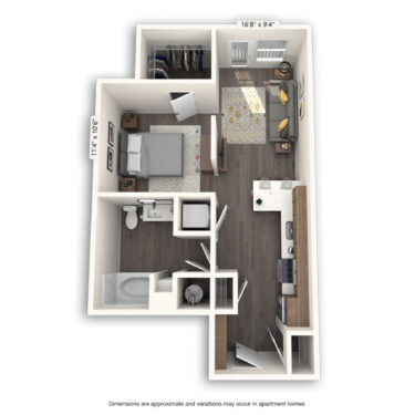 Rendering of the Bellaire Platinum floor plan with a Studio bedroom and 1 bathroom[s] at Griffis Cherry Creek North