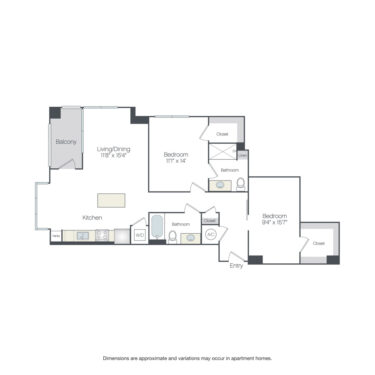 Rendering of the Fairmont floor plan with 2 bedroom[s] and 2 bathroom[s] at Griffis Edgemoor