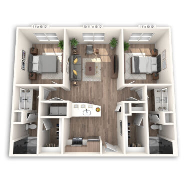 Rendering of the Vienna floor plan with 2 bedroom[s] and 2 bathroom[s] at Griffis at The Domain