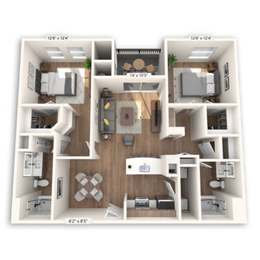 Rendering of the Pacific floor plan with 2 bedroom[s] and 2 bathroom[s] at Griffis Mission Valley