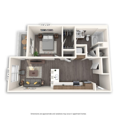 Rendering of the Ellsworth Platinum floor plan with 1 bedroom[s] and 1 bathroom[s] at Griffis Cherry Creek North