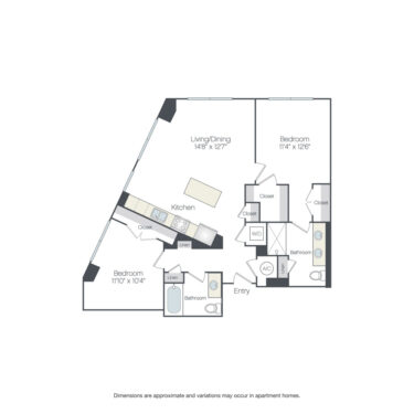 Rendering of the Harling floor plan with 2 bedroom[s] and 2 bathroom[s] at Griffis Edgemoor
