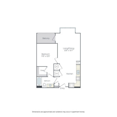 Rendering of the Cornish floor plan with 1 bedroom[s] and 1 bathroom[s] at Griffis Edgemoor