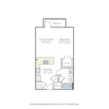 Rendering of the Brown floor plan with a Studio bedroom and 1 bathroom[s] at Griffis Oak Lawn