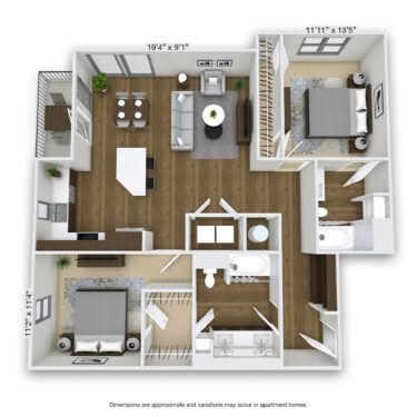 Rendering of the Steele floor plan with 2 bedroom[s] and 2 bathroom[s] at Griffis Cherry Creek North