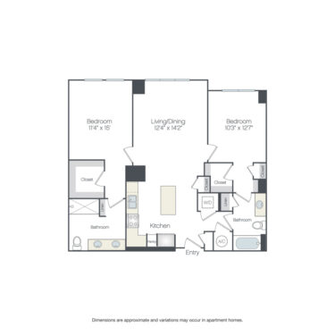 Rendering of the Manning floor plan with 2 bedroom[s] and 2 bathroom[s] at Griffis Edgemoor