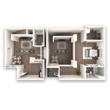Rendering of the Yale Platinum floor plan with 1 bedroom[s] and 1.5 bathroom[s] at Griffis LoDo
