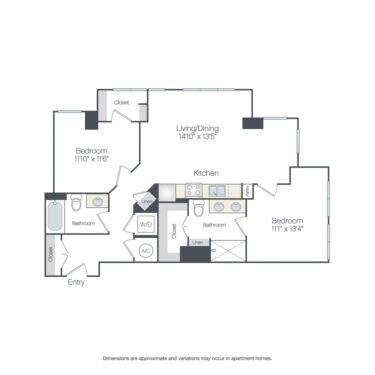 Rendering of the Goldsboro floor plan with 2 bedroom[s] and 2 bathroom[s] at Griffis Edgemoor