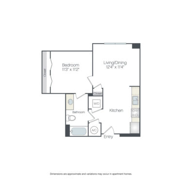 Rendering of the Auburn floor plan with 1 bedroom[s] and 1 bathroom[s] at Griffis Edgemoor
