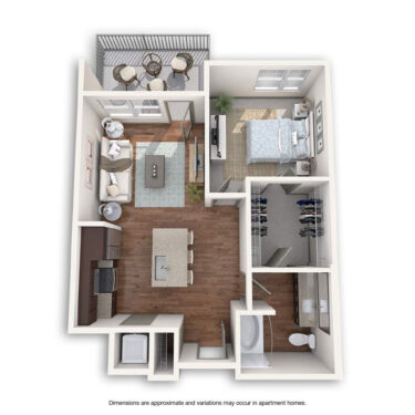 Rendering of the Fiddlers Green floor plan with 1 bedroom[s] and 1 bathroom[s] at Griffis at Fiddler's Green