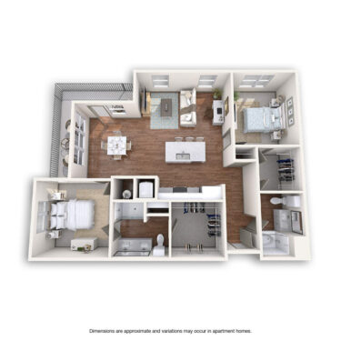 Rendering of the The Roxy floor plan with 2 bedroom[s] and 2 bathroom[s] at Griffis at Fiddler's Green
