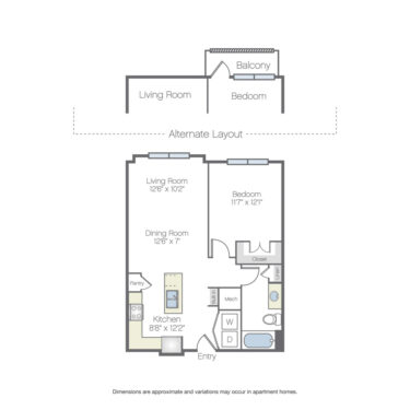 Rendering of the Hartford floor plan with 1 bedroom[s] and 1 bathroom[s] at Griffis Oak Lawn