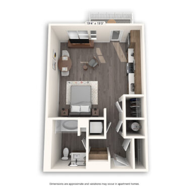 Rendering of the Albion floor plan with a Studio bedroom and 1 bathroom[s] at Griffis Cherry Creek North