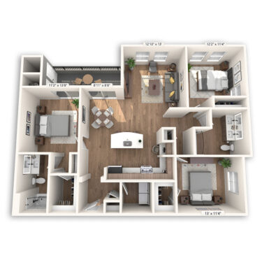 Rendering of the Coronado floor plan with 3 bedroom[s] and 2 bathroom[s] at Griffis Mission Valley