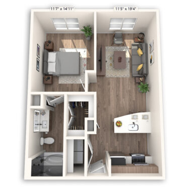 Rendering of the Milan Platinum floor plan with 1 bedroom[s] and 1 bathroom[s] at Griffis at The Domain