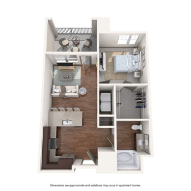 Rendering of the Dazzle floor plan with 1 bedroom[s] and 1 bathroom[s] at Griffis at Fiddler's Green
