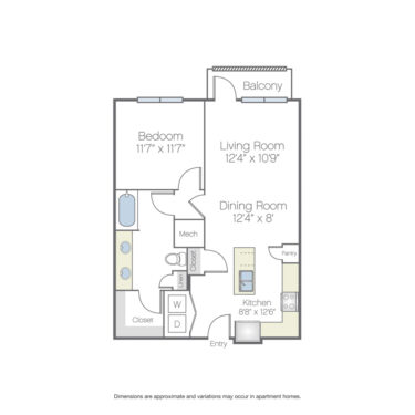 Rendering of the Hondo Platinum floor plan with 1 bedroom[s] and 1 bathroom[s] at Griffis Oak Lawn