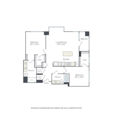 Rendering of the Lucas floor plan with 2 bedroom[s] and 2 bathroom[s] at Griffis Edgemoor