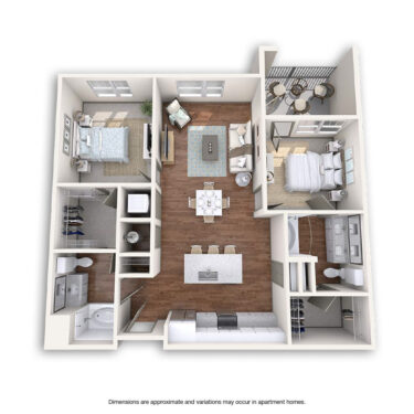 Rendering of the Nocturne floor plan with 2 bedroom[s] and 2 bathroom[s] at Griffis at Fiddler's Green