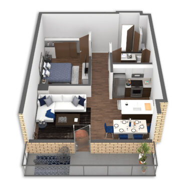 Rendering of the Lewis floor plan with 1 bedroom[s] and 1 bathroom[s] at Griffis South Waterfront