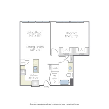 Rendering of the Lemmon floor plan with 1 bedroom[s] and 1 bathroom[s] at Griffis Oak Lawn