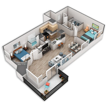 Rendering of the Summit floor plan with 2 bedroom[s] and 2 bathroom[s] at Griffis Belltown