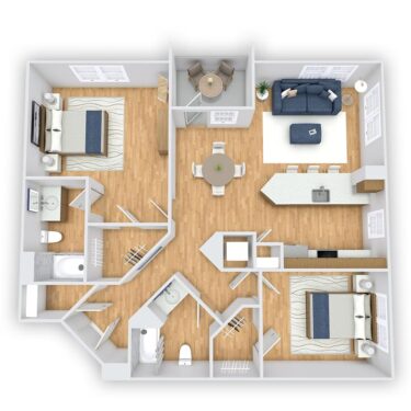 Rendering of the Thamien floor plan with 2 bedroom[s] and 2 bathroom[s] at Griffis South Bay