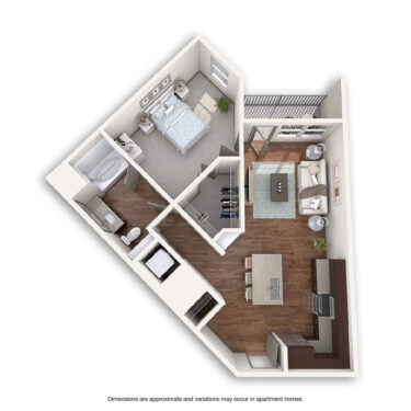 Rendering of the Gothic floor plan with 1 bedroom[s] and 1 bathroom[s] at Griffis at Fiddler's Green