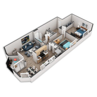 Rendering of the Blanchard Platinum floor plan with 2 bedroom[s] and 1 bathroom[s] at Griffis Belltown