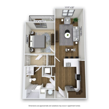 Rendering of the Detroit floor plan with 1 bedroom[s] and 1 bathroom[s] at Griffis Cherry Creek North