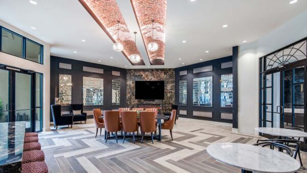 Griffis Frisco resident lounge with fireplace.