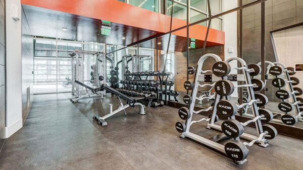 Griffis Platinum Triangle fitness center with weight training equipment.