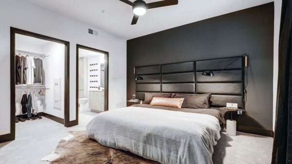 Griffis Platinum Triangle apartment bedroom with closet and attached bathroom